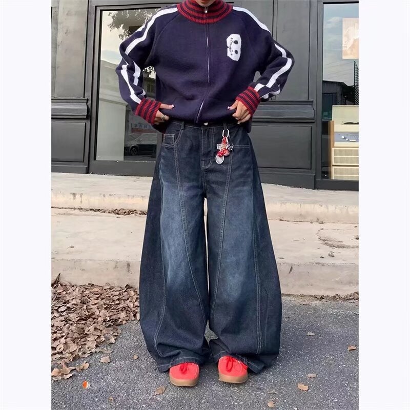 American Retro Dark Blue Letter Print Jeans For Men And Women, Trendy Simple Scimitar Wide-Leg Floor-Length Pants - Image 3